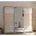 Kép 1/3 - BOND 239 cm magasfényű gardrób 1 TÜKÖRREL - Sonoma Tölgy / Magasfényű Fehér üveg / Magasfényű Beige üveg