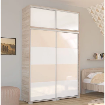 BOND 140 cm magasfényű gardrób - Sonoma Tölgy / Magasfényű Fehér üveg / Magasfényű Beige üveg, MAGASÍTÓVAL