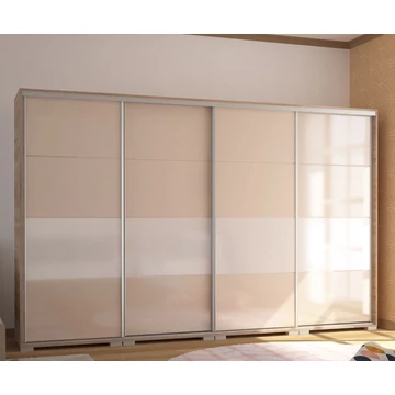 BOND 318 cm magasfényű gardrób - Sonoma Tölgy / Magasfényű Beige üveg / Magasfényű Fehér üveg