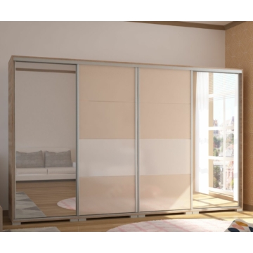 BOND 318 cm magasfényű gardrób 2 TÜKÖRREL - Sonoma Tölgy / Magasfényű Beige üveg / Magasfényű Fehér üveg