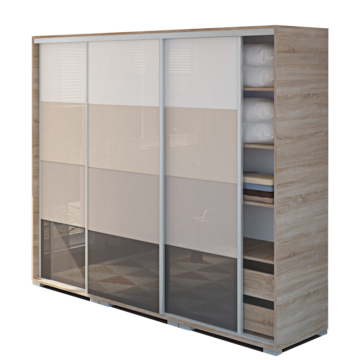 BOND 3MF 239 cm TV-s gardrób - Sonoma Tölgy / Magasfényű Fehér - Beige - Latte - Antracit üveg