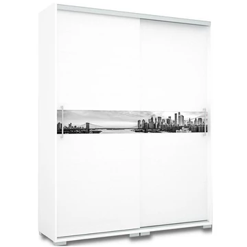 CITY 160 cm tolóajtós polcos gardrób - Rusztik Fehér / Fehér / Festett Üveg Grafikával