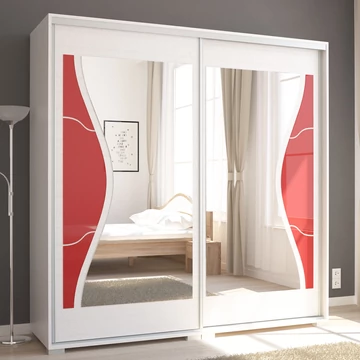 DIEGO 200 cm tolóajtós gardrób - Rusztik Fehér / Piros festett üveg