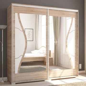 DIEGO 200 cm tolóajtós gardrób - Sonoma Tölgy / Fehér festett üveg