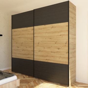 FŐNIX 254 cm tolóajtós gardrób - Artisan Tölgy / Nero / Fekete profil "A"
