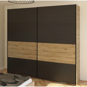 FŐNIX 254 cm tolóajtós gardrób - Artisan Tölgy / Nero / Fekete profil "B"