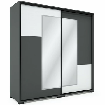 NEO 200 cm tolóajtós tükrös gardrób - Matt Sötétszürke / Rusztik Fehér betét / Fekete profil