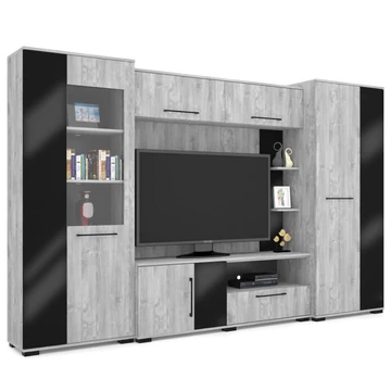 MERLIN nappali szekrénysor 320 cm - Frizo Szürke / Magasfényű Fekete (M1)