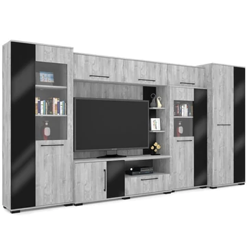 MERLIN nappali szekrénysor 400 cm - Frizo Szürke / Magasfényű Fekete