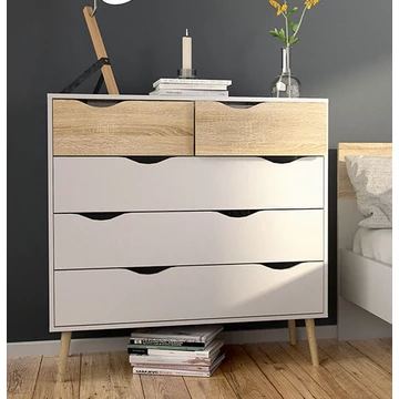 OSLO 5 fiókos komód - Sonoma Tölgy / Fehér (TEMPO 75456)