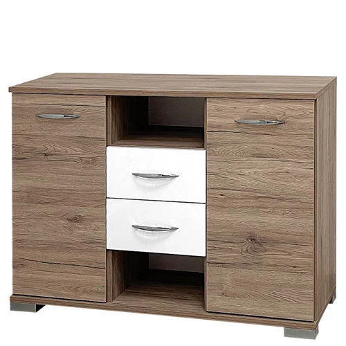 RYAN 2 ajtós 2 fiókos polcos komód MF - San Remo / Magasfényű Fehér