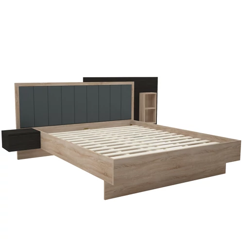 LISSZABON ágykeret ágyráccsal 160x200 cm - Sonoma Tölgy / Nero + 1 db Éjjeliszekrény és lerakópolc