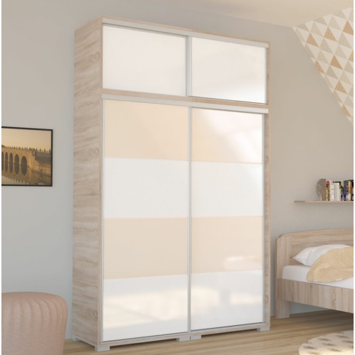 BOND 140 cm magasfényű gardrób - Sonoma Tölgy / Magasfényű Fehér üveg / Magasfényű Beige üveg, MAGASÍTÓVAL
