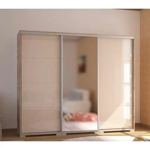 BOND 239 cm magasfényű gardrób 1 TÜKÖRREL - Sonoma Tölgy / Magasfényű Beige üveg