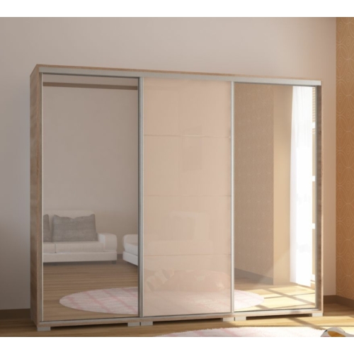 BOND 239 cm magasfényű gardrób 2 TÜKÖRREL - Sonoma Tölgy / Magasfényű Beige üveg