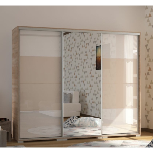BOND 239 cm magasfényű gardrób 1 TÜKÖRREL - Sonoma Tölgy / Magasfényű Fehér üveg / Magasfényű Beige üveg