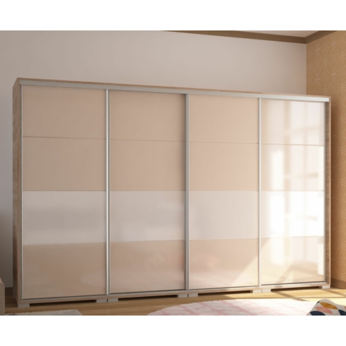 BOND 318 cm magasfényű gardrób - Sonoma Tölgy / Magasfényű Beige üveg / Magasfényű Fehér üveg