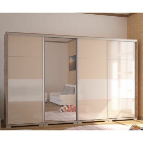 BOND 318 cm magasfényű gardrób 1 TÜKÖRREL - Sonoma Tölgy / Magasfényű Beige üveg / Magasfényű Fehér üveg
