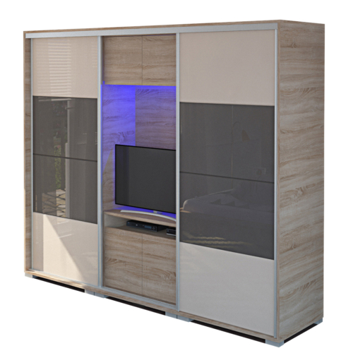 BOND 3MF 239 cm TV-s gardrób - Sonoma Tölgy / Magasfényű Beige üveg / Magasfényű Antracit üveg
