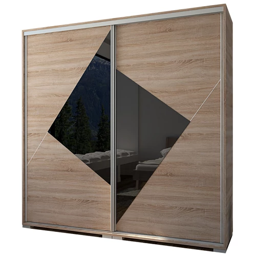 COLUMBIA 200 cm tolóajtós gardrób - Sonoma Tölgy / Magasfényű Fekete üveg