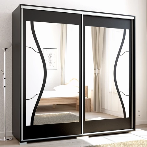 DIEGO 200 cm tolóajtós gardrób - Matt Fekete / Fehér festett üveg