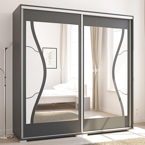 DIEGO 200 cm tolóajtós gardrób - Matt Sötétszürke / Fehér festett üveg