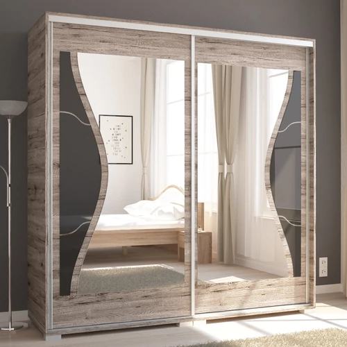 DIEGO 200 cm tolóajtós gardrób - San Remo / Fekete festett üveg