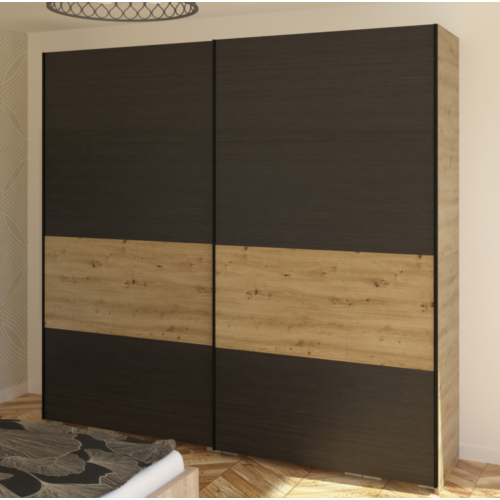 FŐNIX 254 cm tolóajtós gardrób - Artisan Tölgy / Nero / Fekete profil "B"