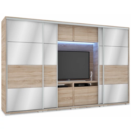 MIRROR 318 cm tükrös TV-s gardrób - Sonoma Tölgy / Magasfényű Sonoma Tölgy