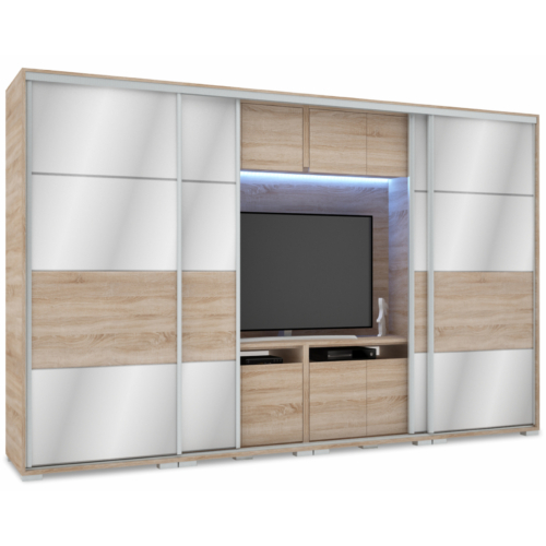 MIRROR 318 cm tükrös TV-s gardrób - Sonoma Tölgy / Magasfényű Sonoma Tölgy