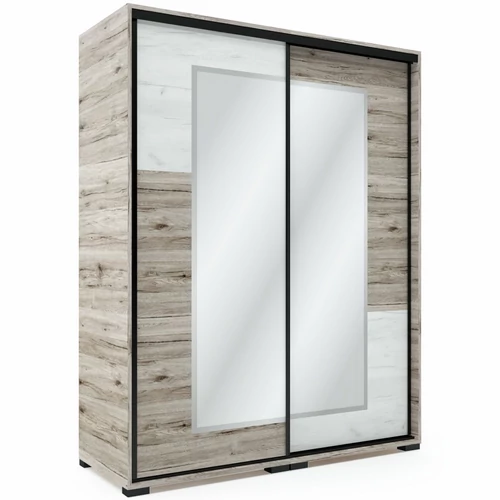 NEO 160 cm tolóajtós tükrös gardrób - San Remo / Fehér Tölgy betét / Fekete profil