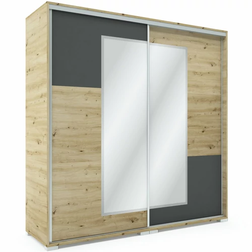 NEO 200 cm tolóajtós tükrös gardrób - Artisan Tölgy / Matt Sötétszürke betét