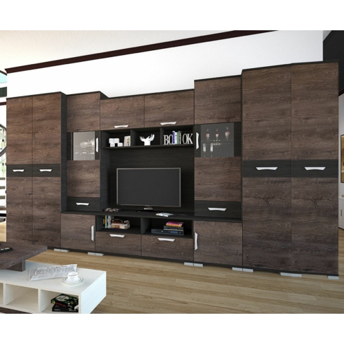 BASEL nappali szekrénysor 400 cm LED világítással - Nero / Iszap Tölgy